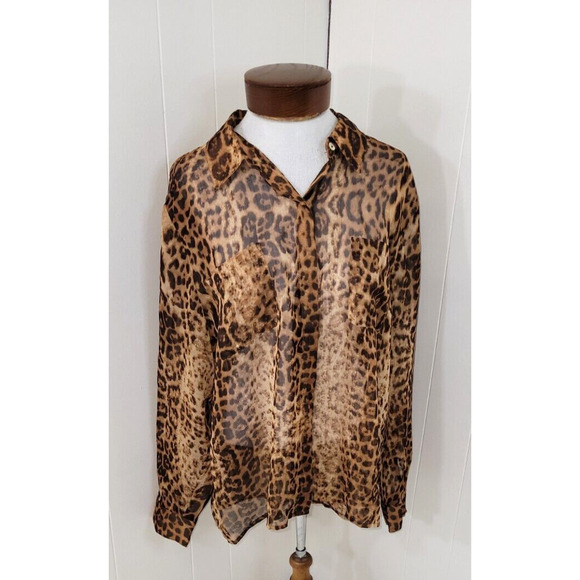 Chico's Size 3 Cheetah Brown Sheer Open Front Pockets Long Sleeve Button Up Top - Picture 1 of 8